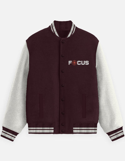 Focus Text Graphic - Unisex Varsity Jacket in maroon - front view #color_maroon
