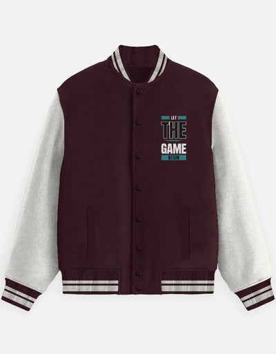 Game Begun Text Art - Unisex Varsity Jacket in maroon - front view #color_maroon