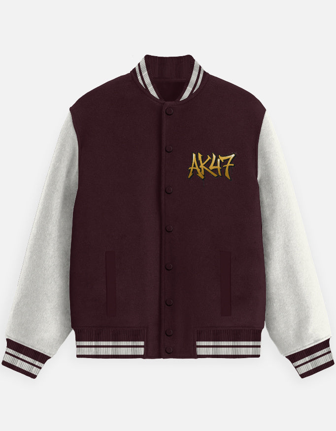 AK47 Graphic - Unisex Varsity Jacket in maroon - front view #color_maroon