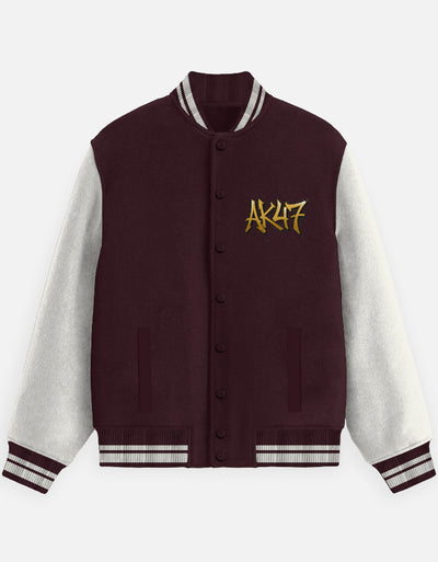AK47 Graphic - Unisex Varsity Jacket in maroon - front view #color_maroon