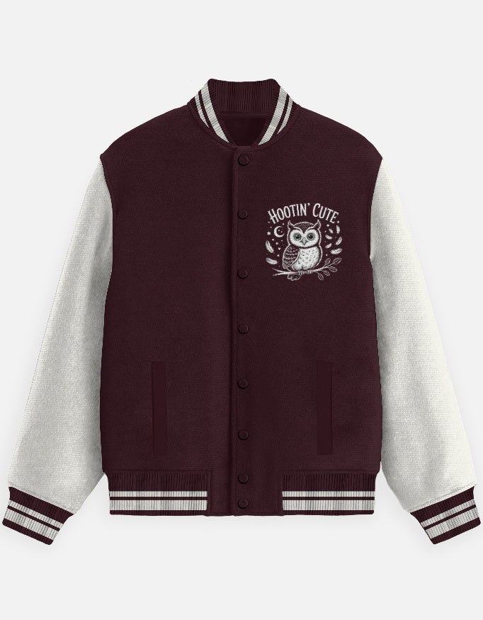 Hooting Cute Owl Graphic - Unisex Varsity Jacket in maroon - front view #color_maroon