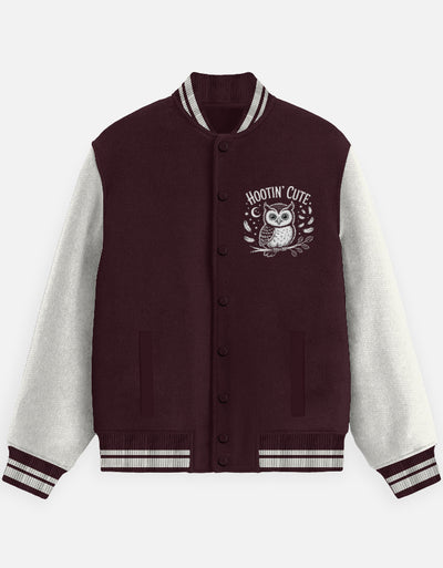 Hooting Cute Owl Graphic - Unisex Varsity Jacket in maroon - front view #color_maroon
