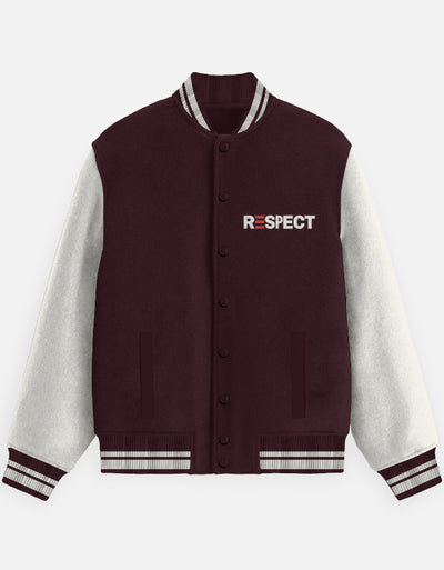 Respect Text Graphic - Unisex Varsity Jacket in maroon - front view #color_maroon