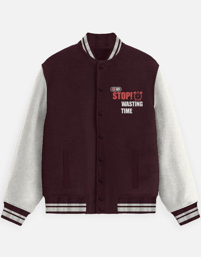 Stop Wasting Time Graphic - Unisex Varsity Jacket in maroon - front view #color_maroon