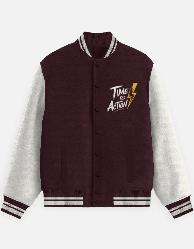 Time For Action Text Graphic - Unisex Varsity Jacket in maroon - front view #color_maroon