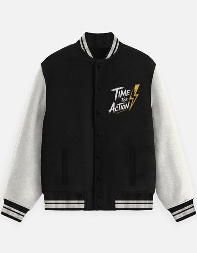 Time For Action Text Graphic - Unisex Varsity Jacket in black - front view #color_black