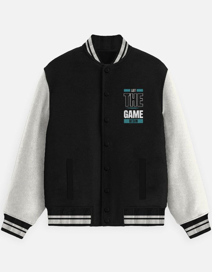 Game Begun Text Art - Unisex Varsity Jacket in black - front view #color_black