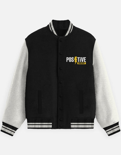 Positive Energy Graphic - Unisex Varsity Jacket in black - front view #color_black