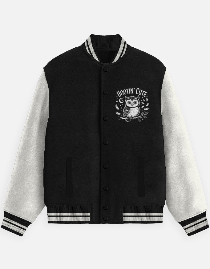 Hooting Cute Owl Graphic - Unisex Varsity Jacket in black - front view #color_black