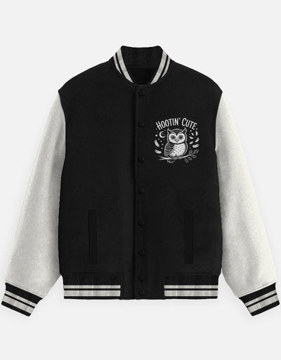 Hooting Cute Owl Graphic - Unisex Varsity Jacket in black - front view #color_black