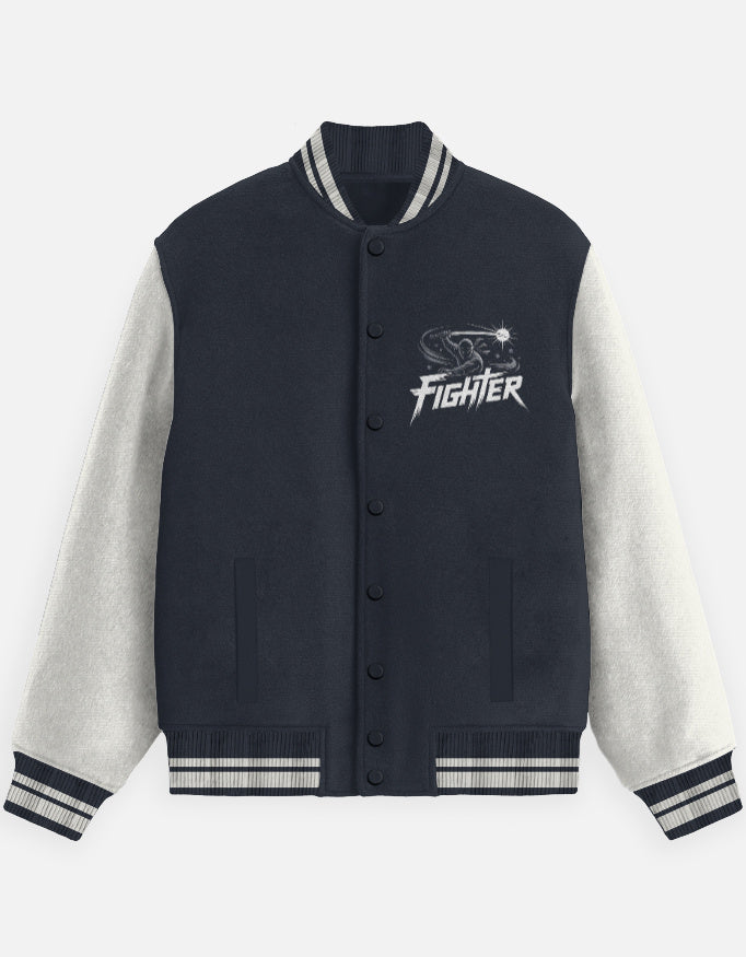 Ninja Fighter Graphic - Unisex Varsity Jacket in navy blue - front view #color_navy-blue