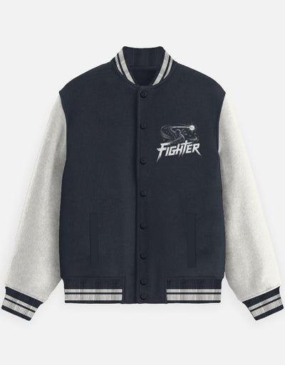 Ninja Fighter Graphic - Unisex Varsity Jacket in navy blue - front view #color_navy-blue