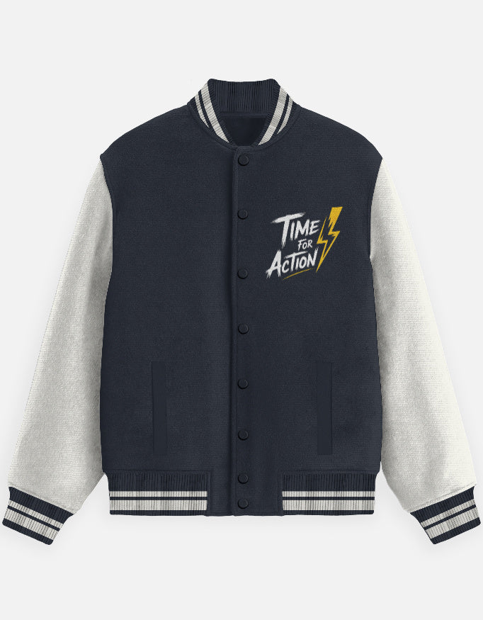 Time For Action Text Graphic - Unisex Varsity Jacket in navy blue  - front view #color_navy-blue
