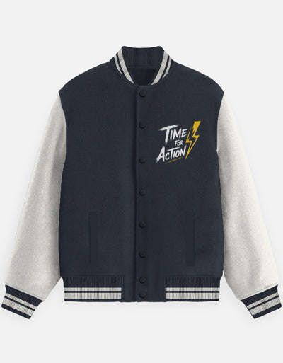 Time For Action Text Graphic - Unisex Varsity Jacket in navy blue  - front view #color_navy-blue