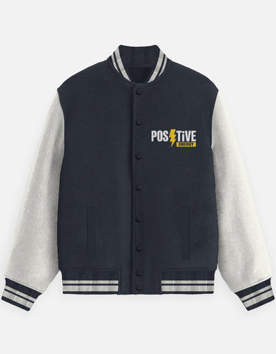 Positive Energy Graphic - Unisex Varsity Jacket in navy blue - front view #color_navy-blue