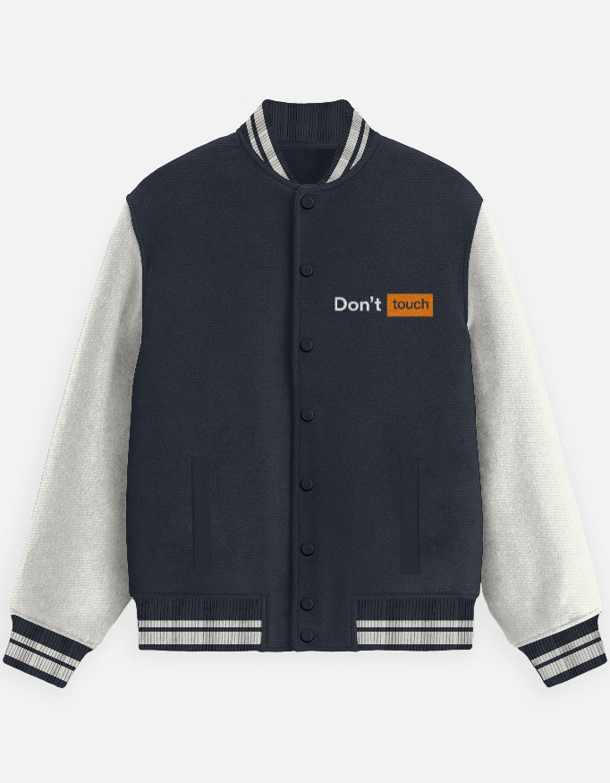 Don't Touch Text Art - Unisex Varsity Jacket in navy blue - front view #color_navy-blue