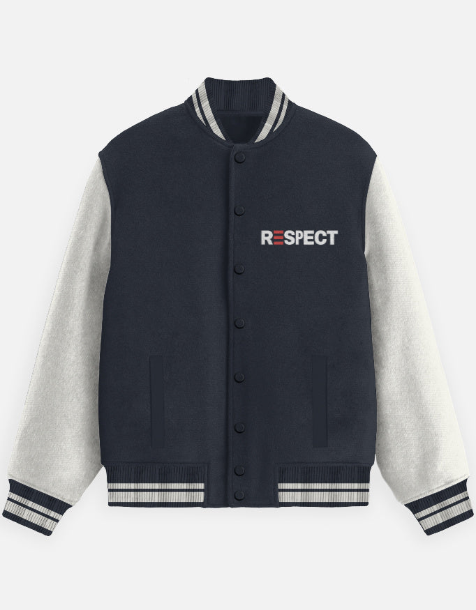 Respect Text Graphic - Unisex Varsity Jacket in navy blue - front view #color_navy-blue