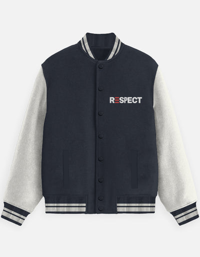 Respect Text Graphic - Unisex Varsity Jacket in navy blue - front view #color_navy-blue