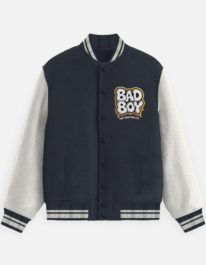 Bad Boy Graphic- Unisex Varsity Jacket in navy blue - front view #color_navy-blue
