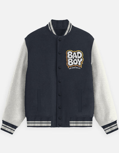 Bad Boy Graphic- Unisex Varsity Jacket in navy blue - front view #color_navy-blue