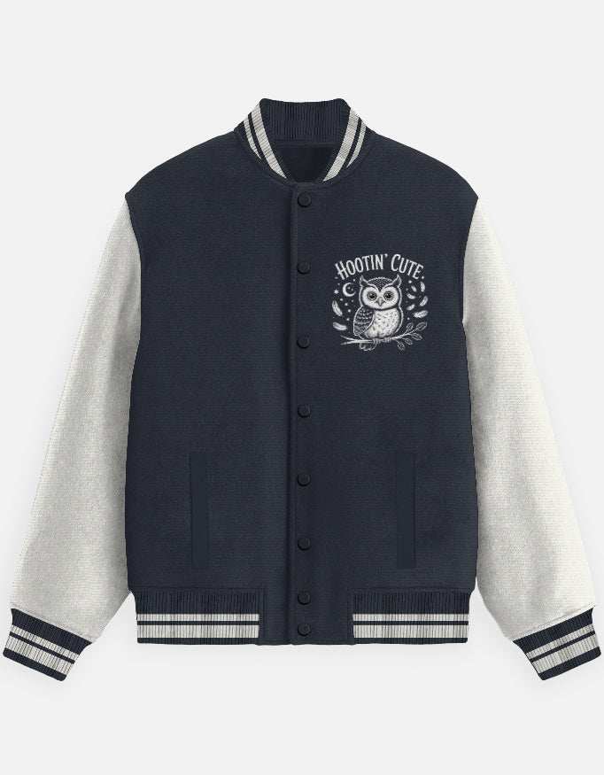 Hooting Cute Owl Graphic - Unisex Varsity Jacket in navy blue - front view #color_navy-blue