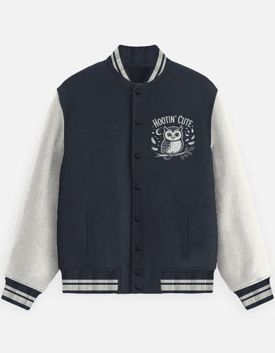 Hooting Cute Owl Graphic - Unisex Varsity Jacket in navy blue - front view #color_navy-blue