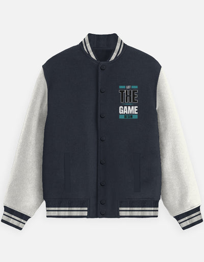Game Begun Text Art - Unisex Varsity Jacket in navy blue - front view #color_navy-blue