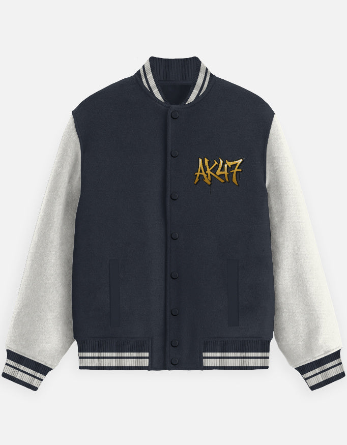 AK47 Graphic - Unisex Varsity Jacket in navy blue - front view #color_navy-blue
