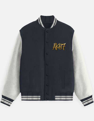 AK47 Graphic - Unisex Varsity Jacket in navy blue - front view #color_navy-blue