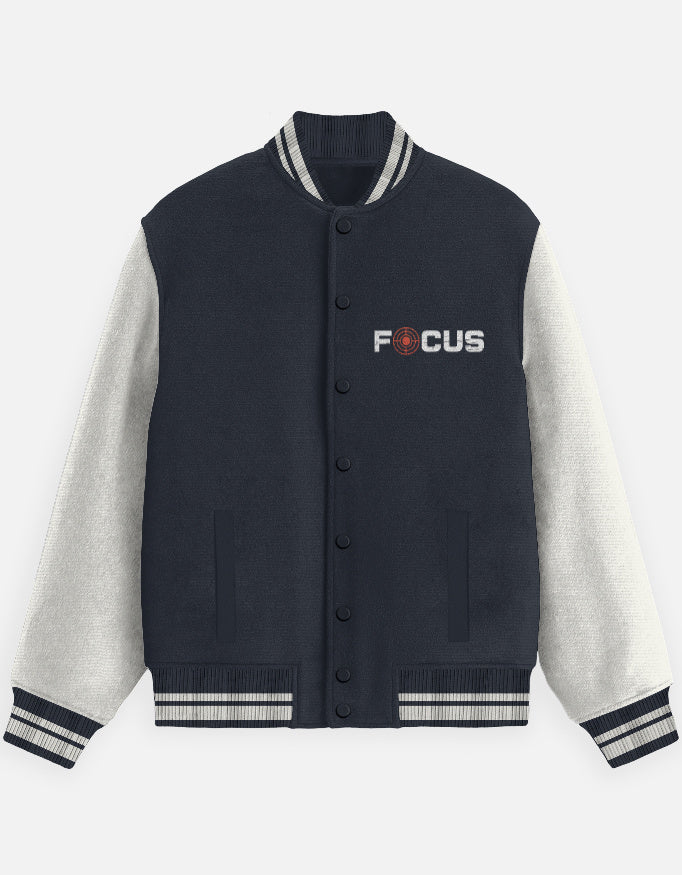 Focus Text Graphic - Unisex Varsity Jacket in navy blue - front view #color_navy-blue