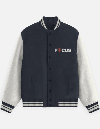 Focus Text Graphic - Unisex Varsity Jacket in navy blue - front view #color_navy-blue