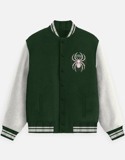 Spider Graphic - Unisex Varsity Jacket in bottle green - front view #color_bottle-green