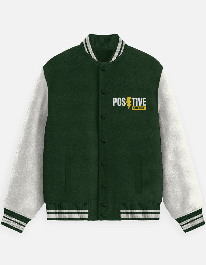 Positive Energy Graphic - Unisex Varsity Jacket in bottle green - front view #color_bottle-green