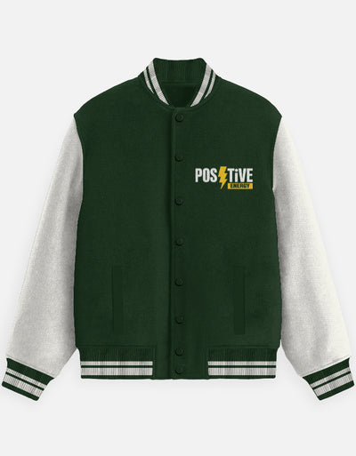 Positive Energy Graphic - Unisex Varsity Jacket in bottle green - front view #color_bottle-green