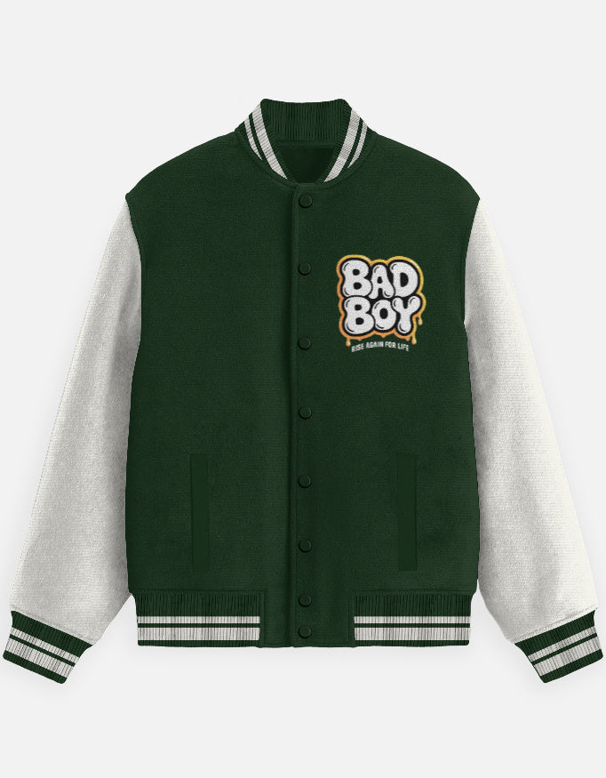 Bad Boy Graphic- Unisex Varsity Jacket in bottle green - front view #color_bottle-green