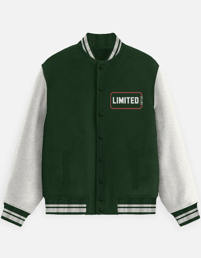 Limited Edition Graphic - Unisex Varsity Jacket in bottle green - front view #color_bottle-green
