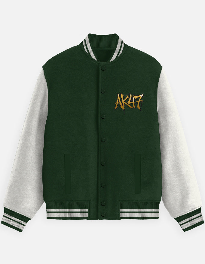AK47 Graphic - Unisex Varsity Jacket in bottle green - front view #color_bottle-green