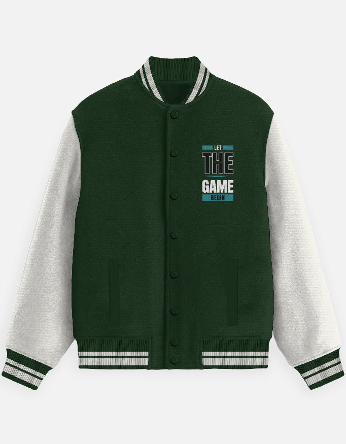 Game Begun Text Art - Unisex Varsity Jacket in bottle green - front view #color_bottle-green