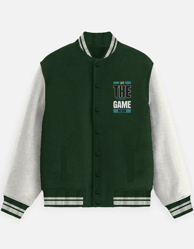 Game Begun Text Art - Unisex Varsity Jacket in bottle green - front view #color_bottle-green