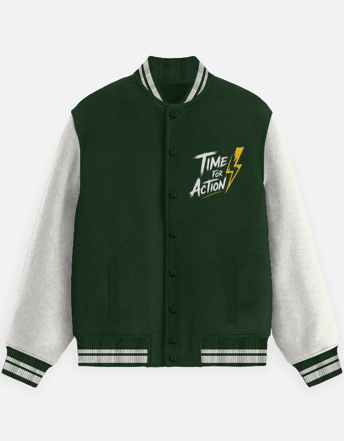 Time For Action Text Graphic - Unisex Varsity Jacket in bottle green - front view #color_bottle-green