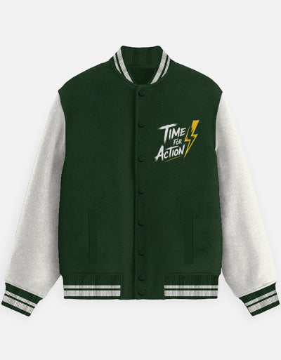 Time For Action Text Graphic - Unisex Varsity Jacket in bottle green - front view #color_bottle-green