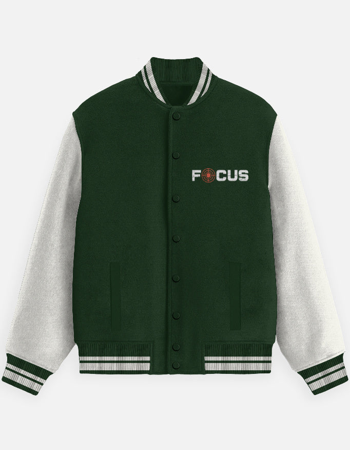Focus Text Graphic - Unisex Varsity Jacket in bottle green - front view #color_bottle-green