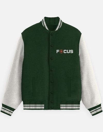 Focus Text Graphic - Unisex Varsity Jacket in bottle green - front view #color_bottle-green