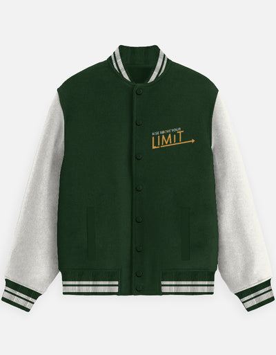 Rise Above Limit Text Design - Unisex Varsity Jacket in bottle green - front view #color_bottle-green