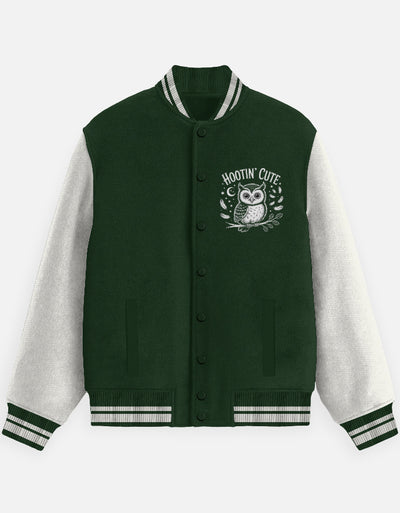 Hooting Cute Owl Graphic - Unisex Varsity Jacket in bottle green - front view #color_bottle-green