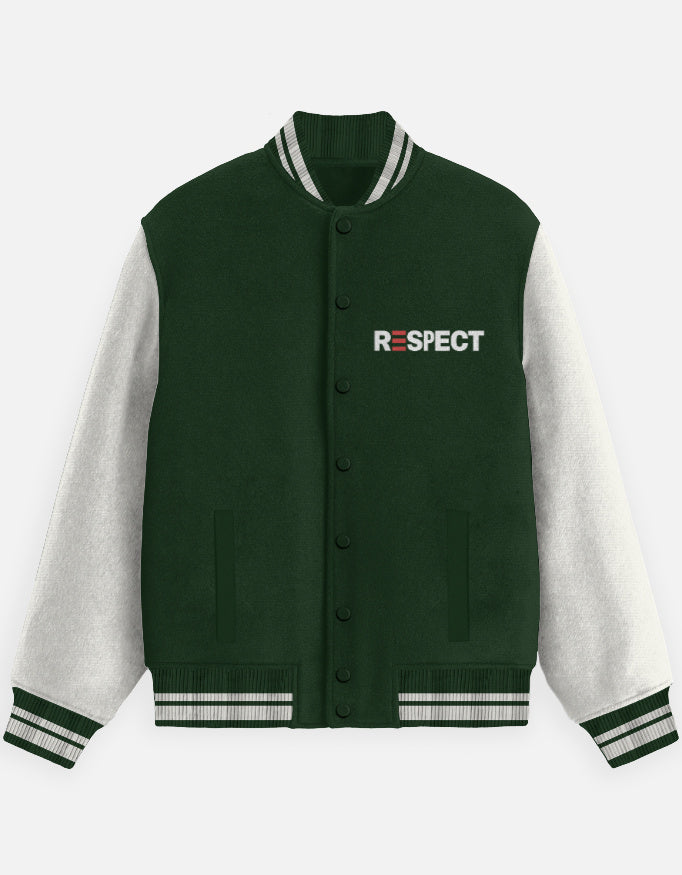 Respect Text Graphic - Unisex Varsity Jacket in bottle green - front view #color_bottle-green