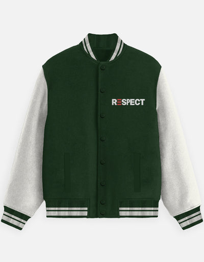 Respect Text Graphic - Unisex Varsity Jacket in bottle green - front view #color_bottle-green