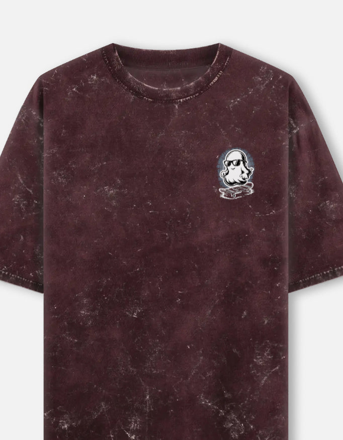 Ghost Graphic - Unisex Acid Washed Oversized Tee in maroon - front view #color_maroon