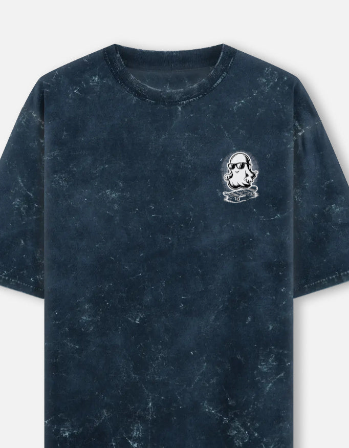 Ghost Graphic - Unisex Acid Washed Oversized Tee in navy blue - front view #color_navy-blue