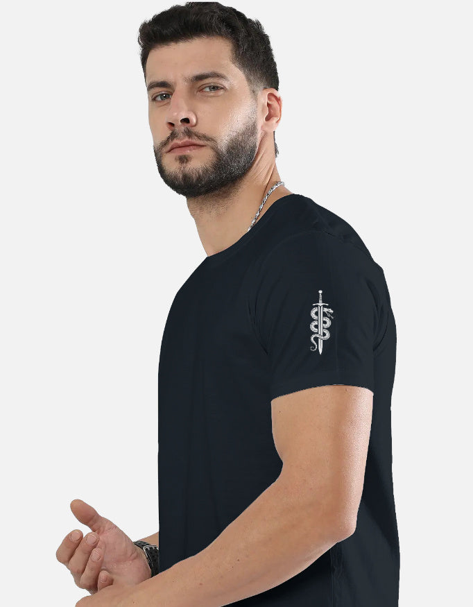 Ninja Fighter And Sword Graphic - Unisex Classic Crew T-Shirt in navy blue - side view #color_navy-blue